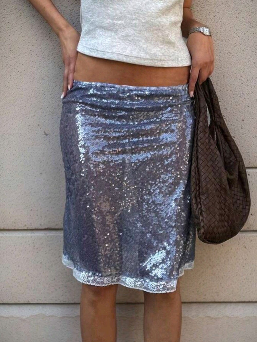 Sequin Midi Skirt with Lace Trim